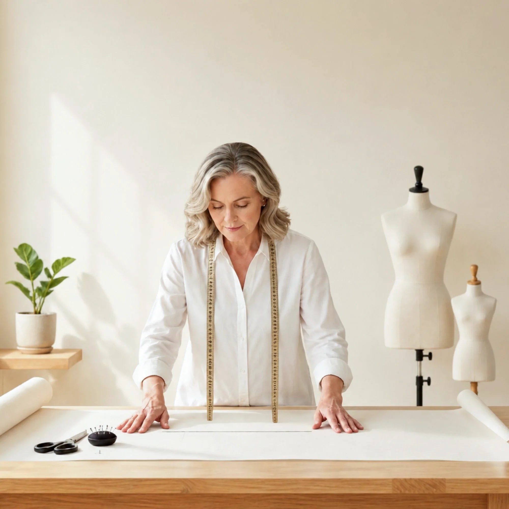 A woman in a white blouse stands behind a wooden table with a measuring tape draped over the fabric, surrounded by sewing tools and two dress forms in a softly lit studio.