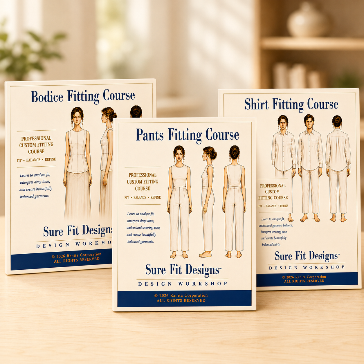 A collection of three fitting courses for bodice, shirt and pants fitting displayed on a warm maple table