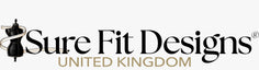A logo banner for Sure Fit Designs United Kingdom, featuring a black dress form with a white measuring tape coiled around it, alongside the brand name in black and gold text on a light gray background.
