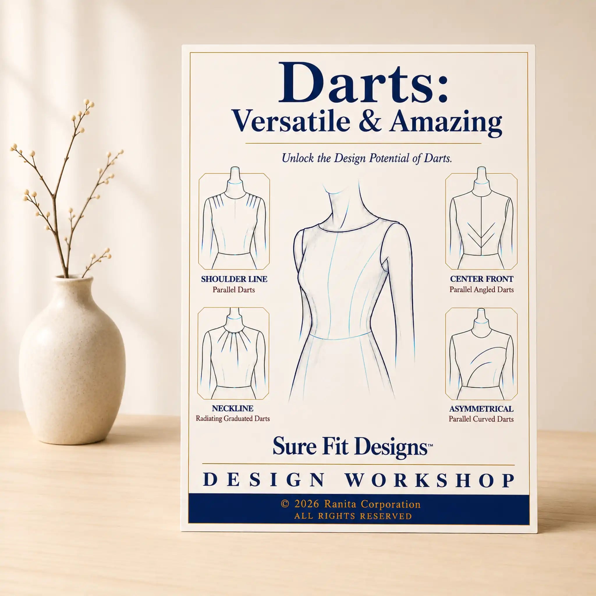 A Darts:  Versatile & Amazing course displayed vertically on a light maple table with a small flower arrangement on the left