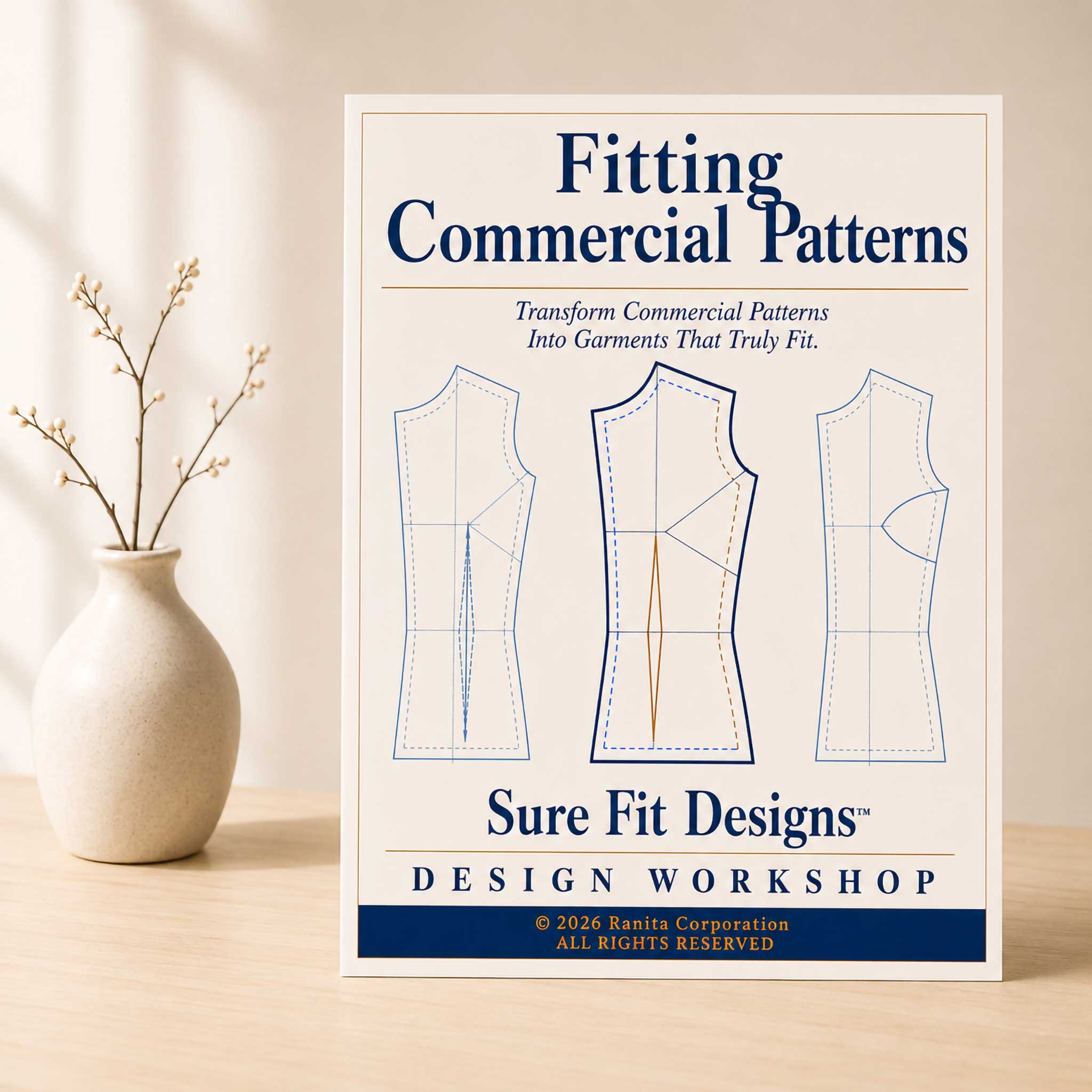 A Fitting Commercial Patterns course displayed vertically on a light maple table with a small flower arrangement on the left