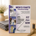 Men's Pants Instructional Package by Sure Fit Designs displayed vertically on a light maple table with scissors and thread