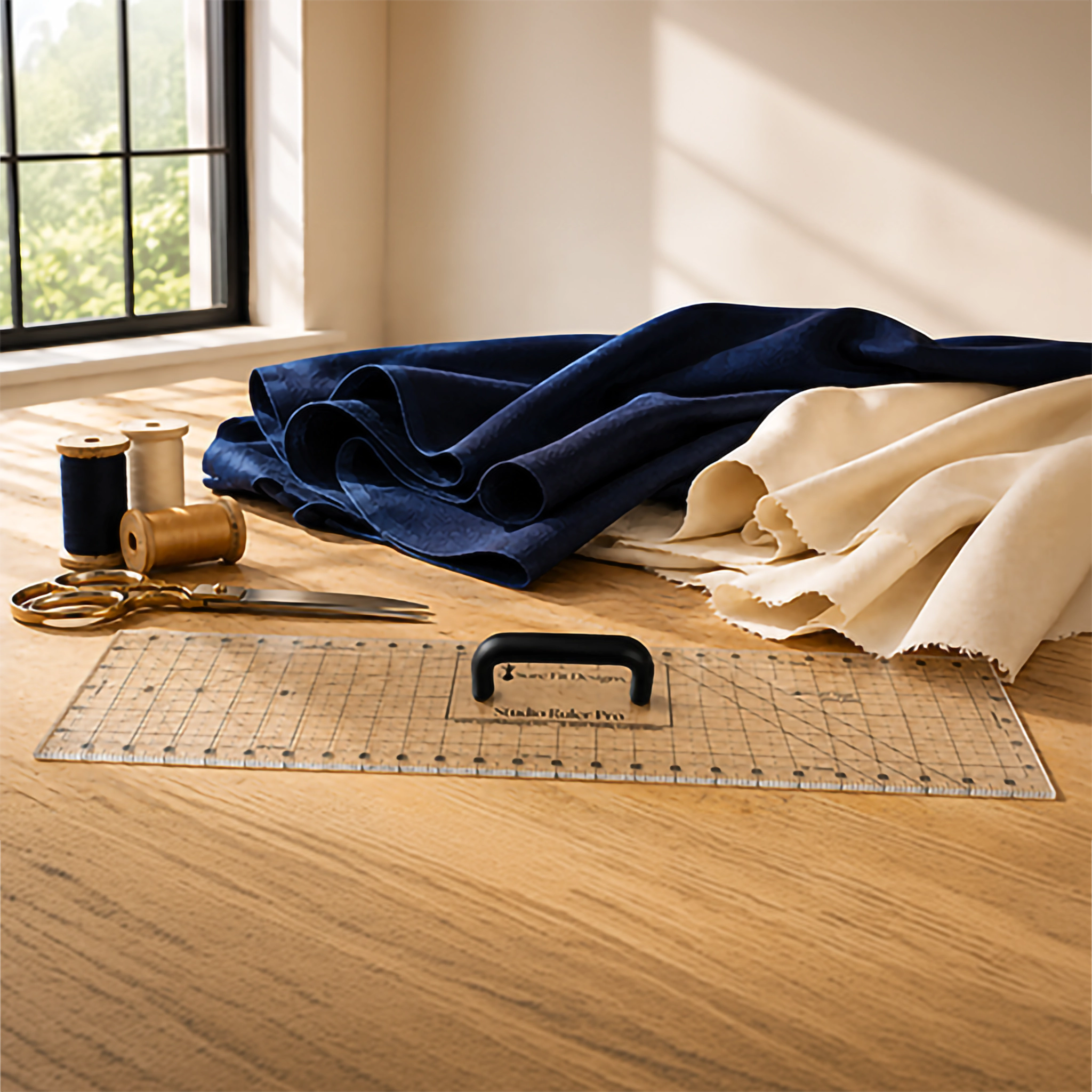 A sewing and fabric preparation setup on a wooden table near a window, featuring a navy blue fabric bolt, a cream fabric bolt, gold scissors, spools of thread, a clear grid cutting mat, and a black-handled ruler.