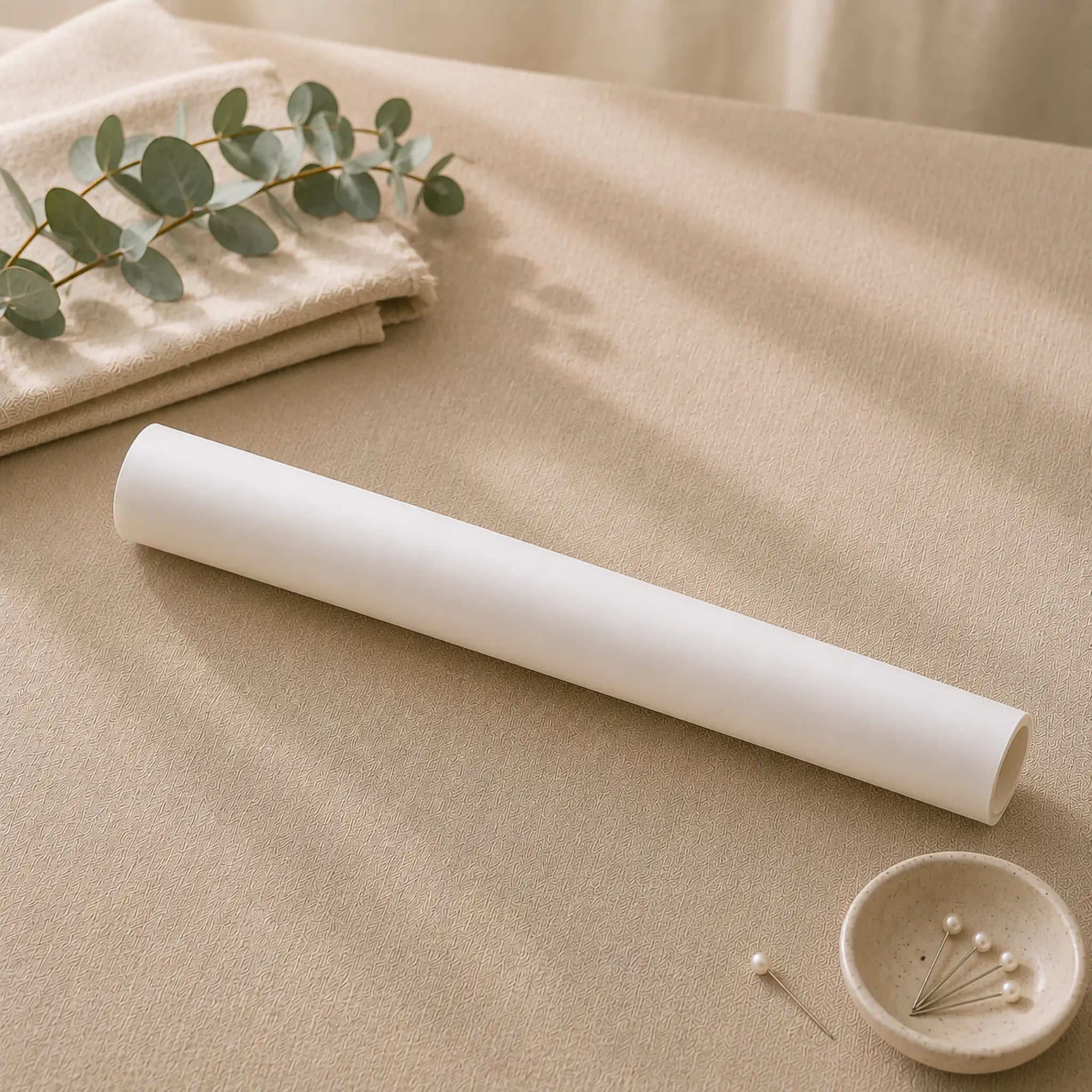 A white roll of transparent tracing paper lies diagonally on a beige fabric surface, styled with folded beige cloth, a green eucalyptus sprig, and a small dish of pins.