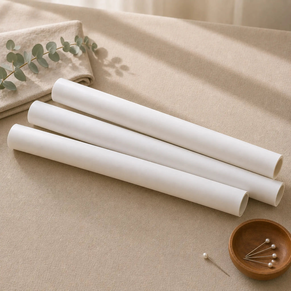 Three white rolls of tracing paper lying diagonally on a beige fabric surface, with a folded beige cloth, eucalyptus sprig, and a small wooden pin holder with pearl pins nearby.