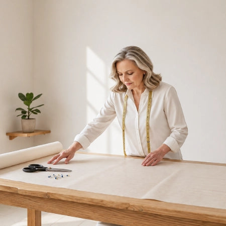 A woman with blonde hair, wearing a white blouse and a gold measuring tape necklace, is seen from the waist up as she works at a wooden table, smoothing out a large roll of beige fabric. A pair of scissors and a few pins lie on the table next to the roll.